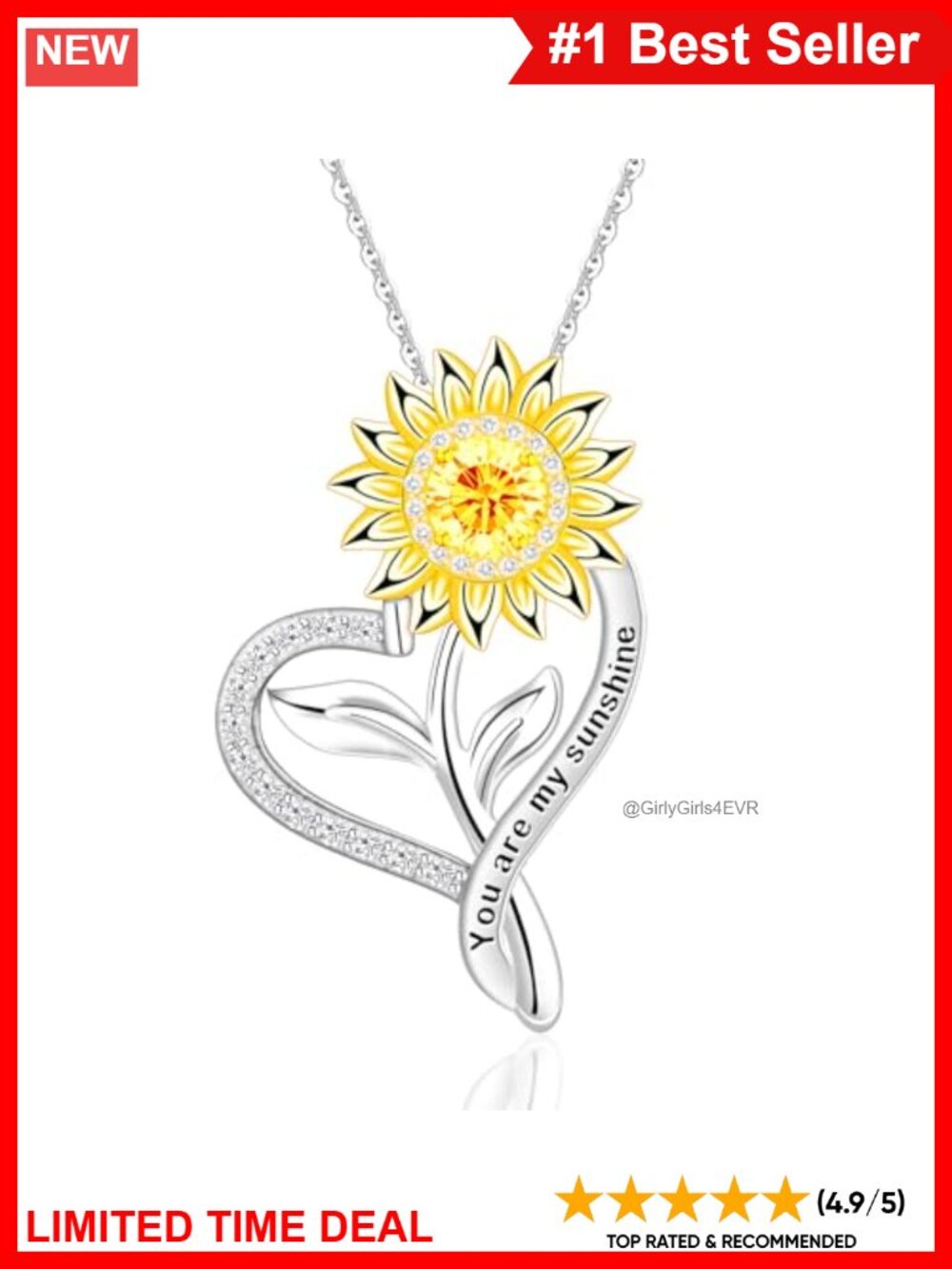 S925 Sterling Silver Platinum Plated Heart Necklace Engraved You Are My Sunshine